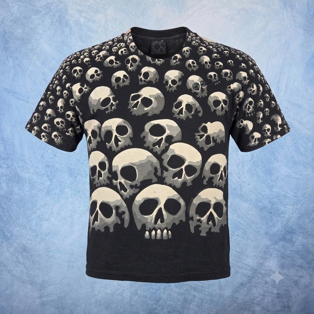 Vintage 1992 Liquid Blue Chris Pinkerton Skull All Over Print Shirt Mens L Black